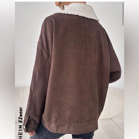 SHEIN Medium Teddy Lined Drop Shoulder Corduroy Jacket Coffee Brown Sherpa - Picture 5 of 8